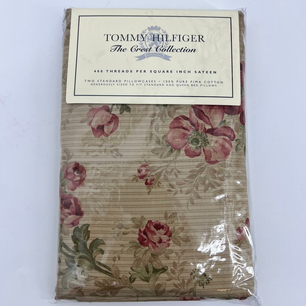 Vintage Tommy Hilfiger Italy Pair of Standard Pillow Cases Floral Sateen Striped